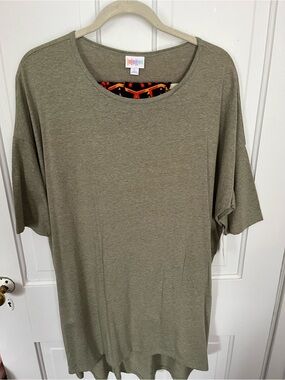 LuLaRoe Olive Green Irma top with Geometric Accent Tall and Curvy Leggings.